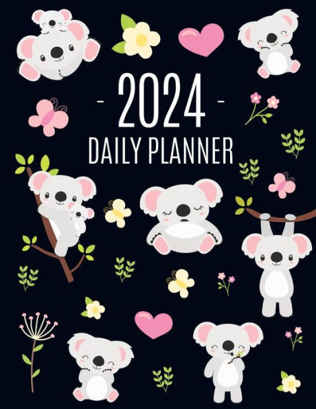 Koala Planner 2024: Australian Outback Animal Agenda: January-December Pretty Pink Butterflies & Yellow Flowers Monthly Scheduler For Work Or Office