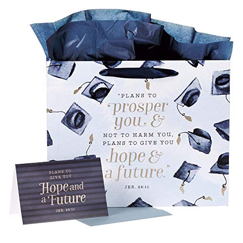 Christian Art Gifts Gift Bag, Card, and Tissue Paper Set Hope & A Future Jeremiah 29:11 Bible Verse, Navy Graduation Cap, Large