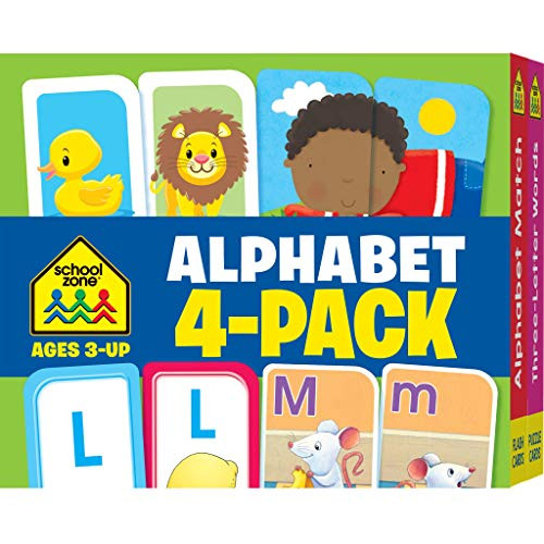 School Zone - Alphabet Flash Cards 4 Pack - Ages 3 And Up, Preschool To Kindergarten, Lowercase And Uppercase Letters, Letter-Picture Recognition, Beginning Sounds, And More (Flash Card 4-Pk)