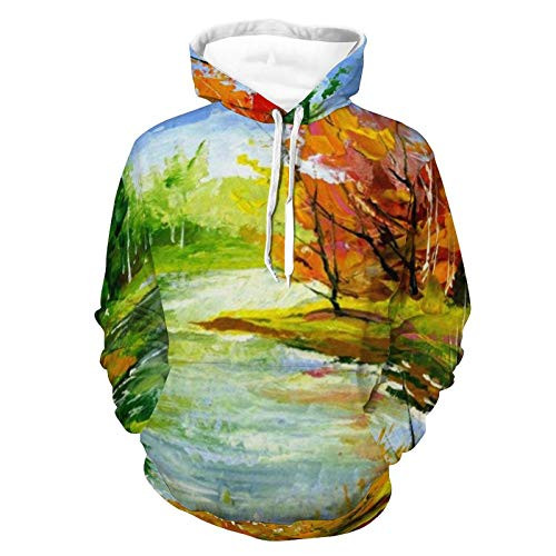Women Men Hoodies 3D Print Unisex Durable Hooded Sweatshirts Autumn Landscape With The Wood River Pattern Autumn Outfit With Pocket For Leisure Time