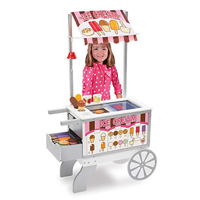 Melissa & Doug Wooden Snacks and Sweets Food Cart - 40+ Play Food pcs, Reversible Awning