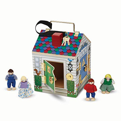 Melissa & Doug Take-Along Wooden Doorbell Dollhouse - Doorbell Sounds, Keys, 4 Poseable Wooden Dolls