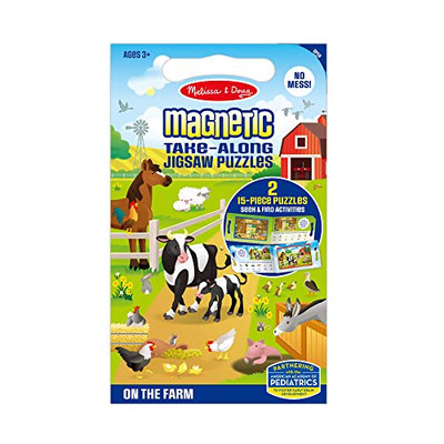 Melissa & Doug Take-Along Magnetic Jigsaw Puzzles Travel Toy  On The Farm (2 15-Piece Puzzles), Green