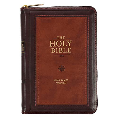 Kjv Holy Bible, Compact Faux Leather Red Letter Edition - Ribbon Marker, King James Version, Burgundy/Saddle Tan, Zipper Closure
