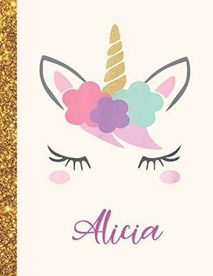 Alicia: Alicia Unicorn Personalized Black Paper SketchBook for Girls and Kids to Drawing and Sketching Doodle Taking Note Marble Size 8.5 x 11