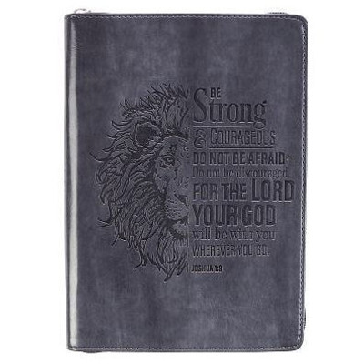 Classic Faux Leather Journal Be Strong And Courageous Lion Joshua 1:9 Bible Verse Gray Inspirational Notebook, Lined Pages W/Scripture, Ribbon Marker, Zipper Closure
