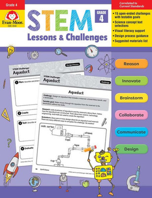 Evan-Moor Stem Lessons And Challenges, Grade 4 Homeschooling & Classroom Resource Workbook, Life, Earth And Physical Science Problem Solving, Peer Collaboration, Real-World, Visual Literacy, Printable