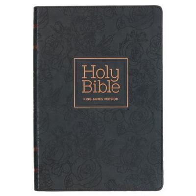 KJV Holy Bible, Thinline Large Print Faux Leather Red Letter Edition Thumb Index, Ribbon Marker, King James Version, Black/Debossed Roses