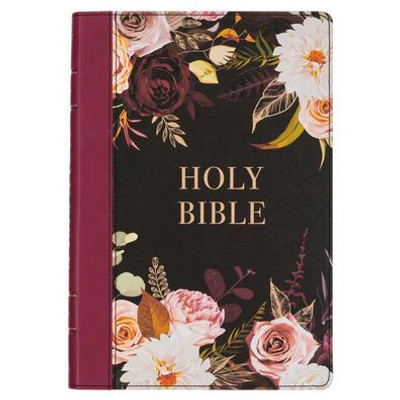 KJV Holy Bible, Thinline Large Print Faux Leather Red Letter Edition Thumb Index, Ribbon Marker, King James Version, Black/Burgundy Printed Floral