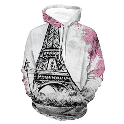 Unisex Long Sleeve Pullover Hood Womens Mens Art Watercolor Paris Eiffel Tower Pattern Super Soft Hooded T-Shirts With Pocket