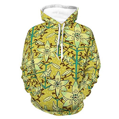 Women Men Hoodies 3D Print Unisex Lightweight Pull-Over Hoodie Art Nouveau Lilies Pale Yellow And Aqua Pattern Autumn Outfit With Pocket For Jogging Holiday