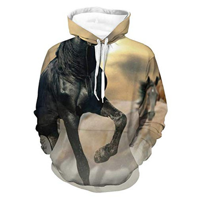 Mens Womens Breathable Hoodies 3D Printed Unisex Long Sleeve Pull-Over Hoodie Animals Black Horse Pattern Outdoor Outfit For Christmas