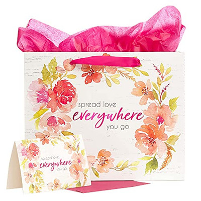 With Love Gift Bag, Card, and Tissue Paper Set Spread Love Everywhere You Go Floral Wreath, Pink/Orange, Large Landscape