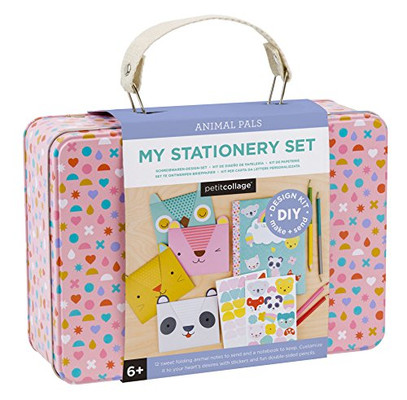 Petit Collage DIY Arts and Crafts Kit, Stationery Design – Craft Kit for Kids Includes 12 Animal Notecards, 1 Blank Journal, 2 Sticker Sheets, 4 Colored Double-Sided Pencils & Instructions