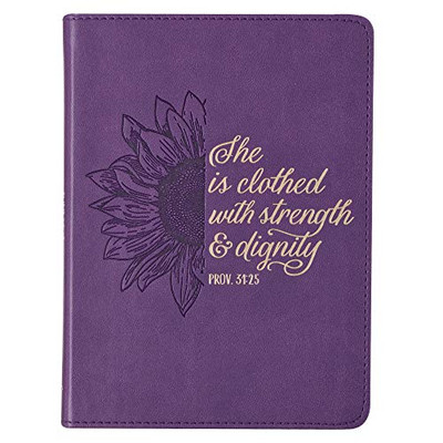 Strength & Dignity Purple Sunflower Faux Leather Handy-Sized Journal Notebook For Women - Proverbs 31:25 Bible Verse