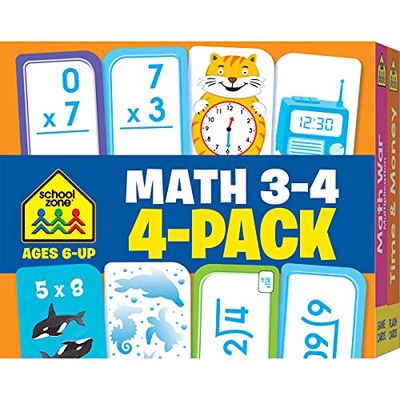 School Zone - Math 3-4 Flash Cards 4 Pack - Ages 6 And Up, 3Rd Grade, 4Th Grade, Multiplication, Division, Time And Money, And More (Flash Card 4-Pk)