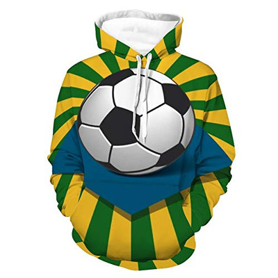 Unisex Realistic Print Hoodie Soccer Ball And Brazilian Sunburst Pattern Pullover Hooded Sweatshirt Long Sleeve Skin-Friendly Sweater With Pocket For Women Men