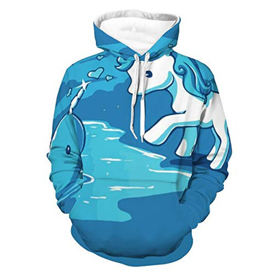 Unisex Long Sleeve Pullover Hoodies Womens Mens Narwal Date With Unicorn Pattern Skin-Friendly Hooded T-Shirts With Pocket