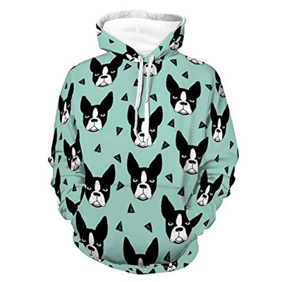 Unisex Realistic Print Hoodie Boston Bull Terrier Dog Pattern Pullover Hoodies Long Sleeve Fashion Sweater With Pocket For Women Men