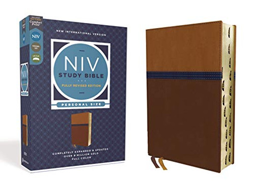 NIV Study Bible, Fully Revised Edition, Personal Size, Leathersoft, Brown/Blue, Red Letter, Thumb Indexed, Comfort Print