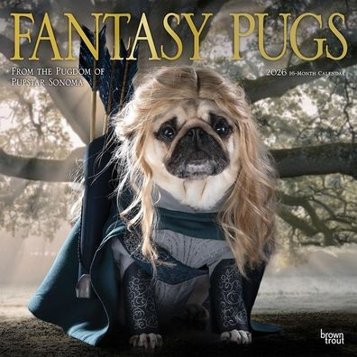 Fantasy Pugs Official 2026 12 X 24 Inch (Hanging) Monthly Square Wall Calendar Foil Stamped Cover Plastic-Free