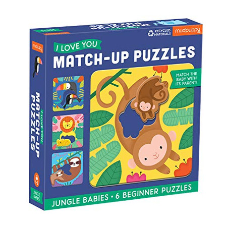 Mudpuppy I Love You Match-Up Puzzles, Jungle Babies, 6.75”x6.75” Each – Ages 1-3 - Includes 6 Sturdy 2-Piece Puzzles with Animal Shaped Pieces – Match The Baby with its Parent