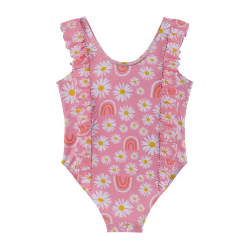 UPF 50+ Daisy & Rainbow Print Ruffle One-Piece Swim Suit | Pink | Andy & Evan