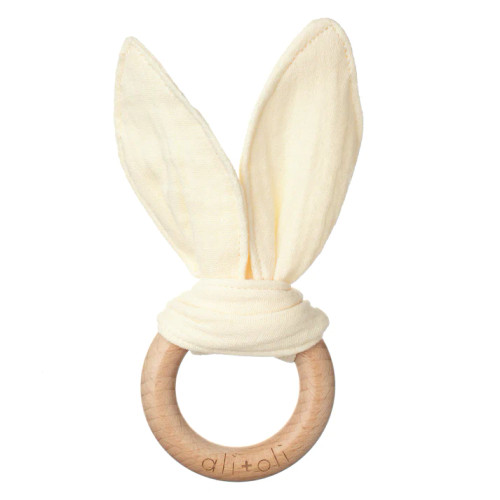  Crinkle Bunny Ears Wooden Ring Teething Toy for Baby | Beige | Ali Oli
