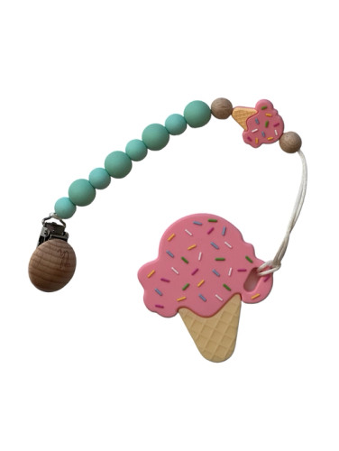 Ice Cream Pacifier And Toy Clip With Teether Bundle | Strawberry Ice Cream | Three Hearts