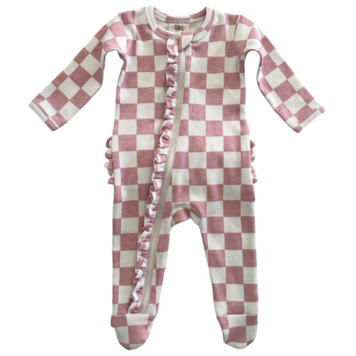 Strawberry Shortcake Checkerboard | Organic Frill Zip Footie | Siix Collection