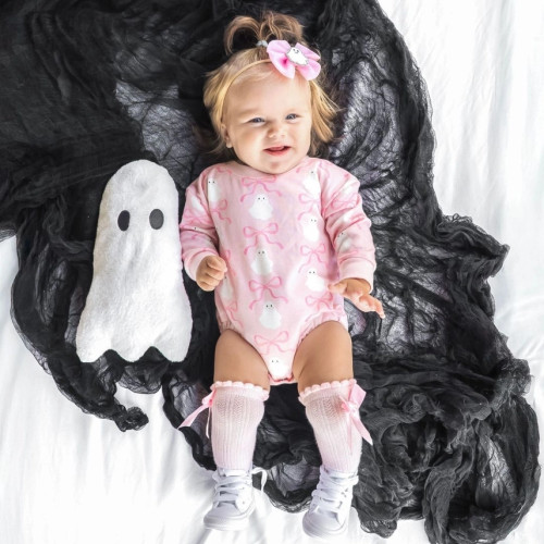 Coquette Ghost Halloween Long Sleeve Romper - Pink