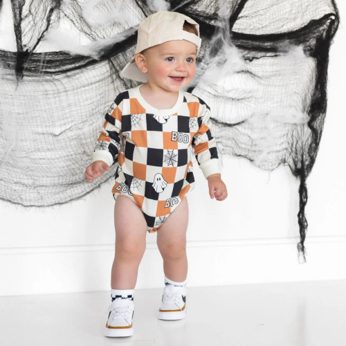 Boo Checkered Halloween Long Sleeve Romper - Natural