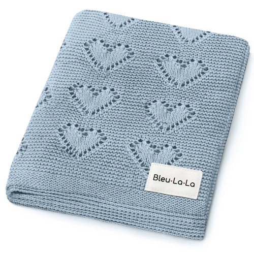 100% Cotton Luxury Knit Heart Swaddle Baby Blanket - Baby Blue | Bleu La La