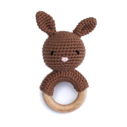 Cotton/Wood Teething Rattle | Bunny | Mocha | Cheengoo