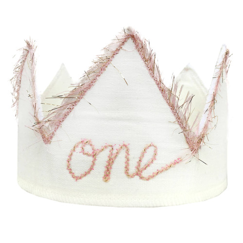 oh baby! | First Birthday Crown | One with Blush/Gold Trim on Oyster Linen
 