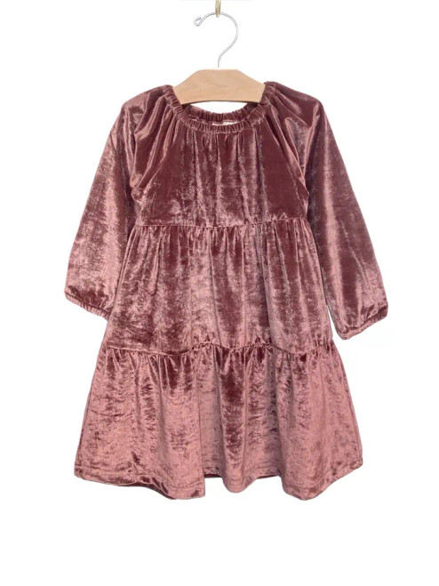 Introducing the luxurious Veloured Tiered Dress in a rich berry hue from City Mouse Studio.