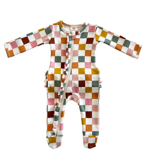 Cake Pop Checkerboard / Organic Frill Zip Footie