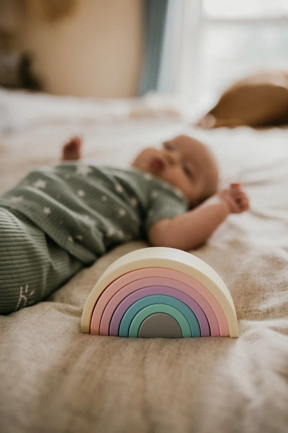 Rainbow Silicone Stacker Toy | Oatmeal | Three Hearts
