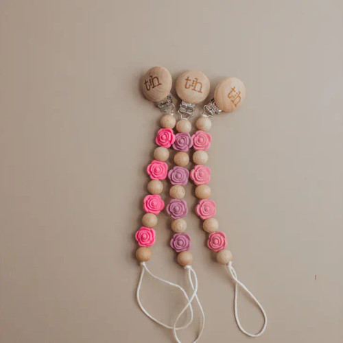 Grande Rosette Pacifier Clip | BPA Free Silicone & Natural Beech Wood | Magenta | Three Hearts