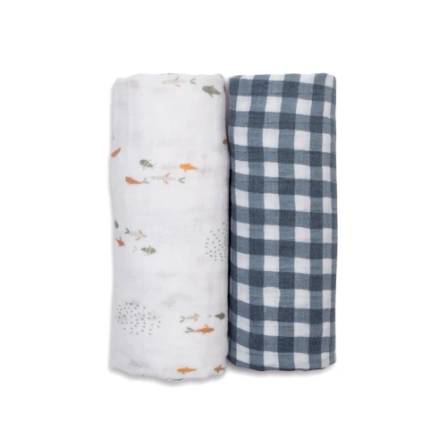 Navy Gingham & Fish | Cotton Swaddle 2 Pack | Lulujo