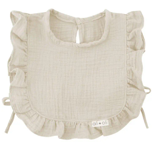 Muslin Cotton Ruffle Baby Bib | Sand | Ali + Oli
