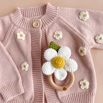  Cotton Crochet Rattle Teether Flower, White | The Blueberry Hill