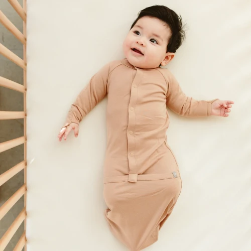 Goumi Preemie 24 Hour Convertible Gown in Sandstone - Versatile Baby Sleeper with One-Snap Closure & Built-in Mitts