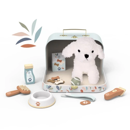 Children will have everything they need in this beautifully designed suitcase to take care of their favorite dog plush (included).

Features dog snacks, bowl, brush, c