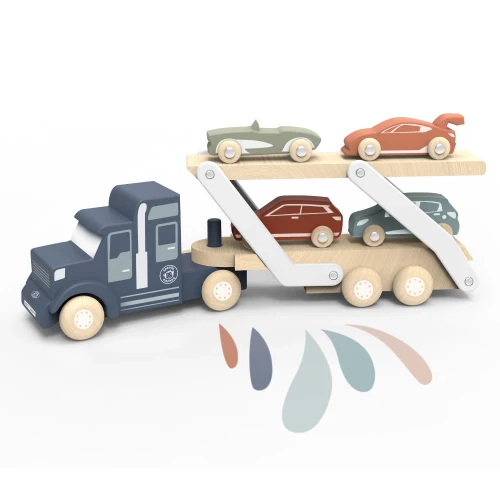 This FSC Certified Wood from our certified supplier en car transporter truck toy has a double-deck trailer. It easily converts for loading and unloading.
