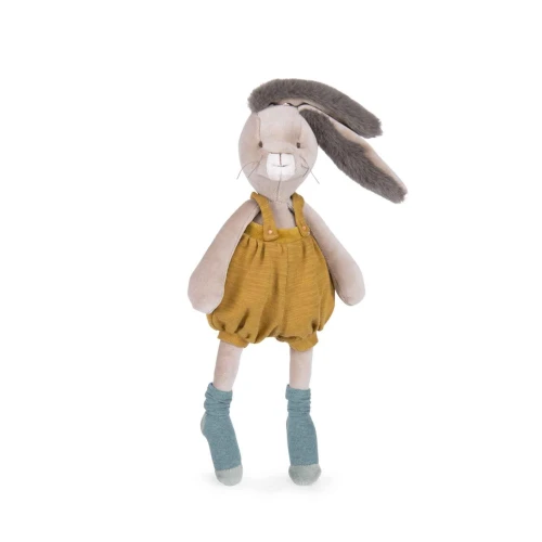 With its whiskered face and big, super soft ears, this adorable rabbit wearing ochre dungarees is crying out to be cuddled!