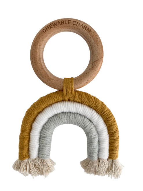 Rainbow Macrame Teether | Mustard + Gray | Chewable Charm