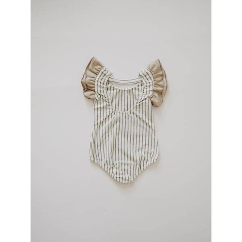  Flutter Sleeve Leo Romper | Gray Striped | Orcas Lucille