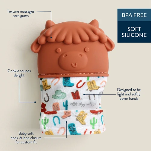 Our modern Itzy Ritzy teething mitt is worn like a glove, making it perfect for babies who can’t yet hold a teether.