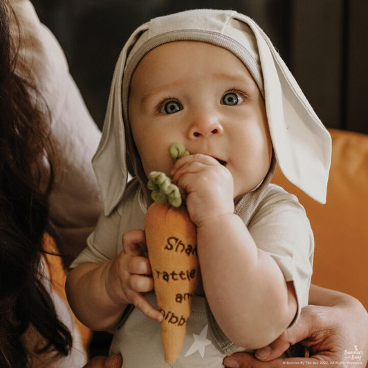 This adorable carrot rattle is the perfect sensory toy for newborns and infants.